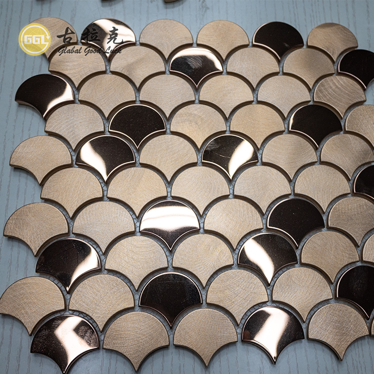 Fan Shape Metal Mosaic Mirror Design Wood Style Backsplash Wall Tile
