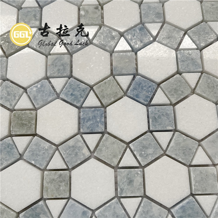 Thassos White Mix Blue Marble Hexagon Parquet Feature Marble Mosaic For Floor and Wall Tiles
