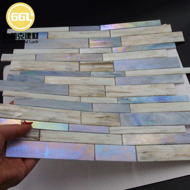 Iridescent Effect Strip Shape Tile Glass Backsplash Mosaic Tile