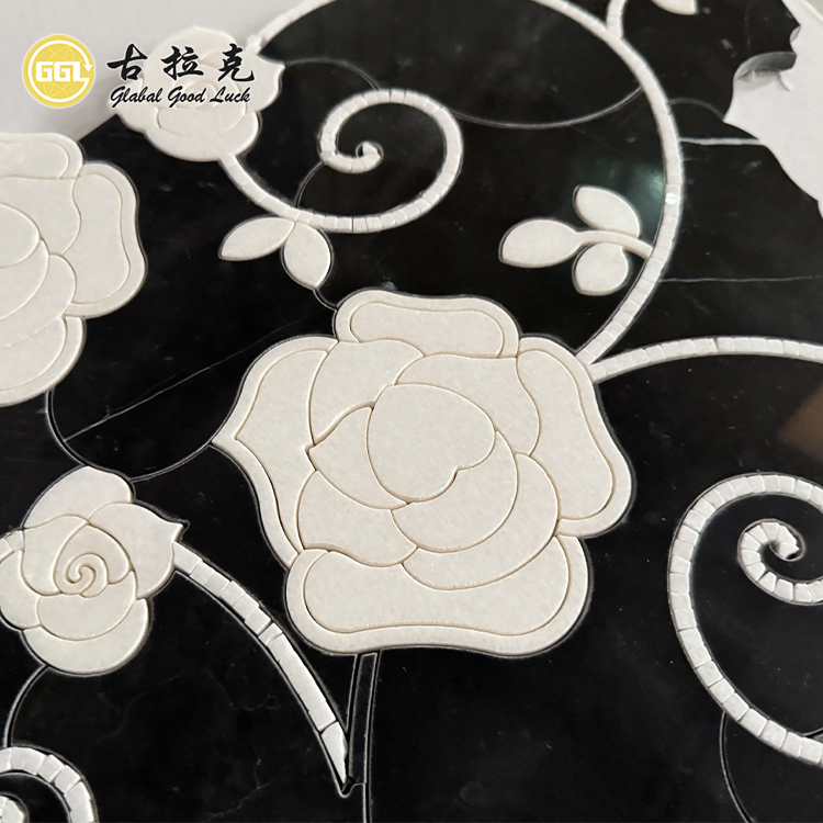 Luxury Design Black Mix White Marble Flower Pattern Waterjet Mosaic Tile Interior Decor