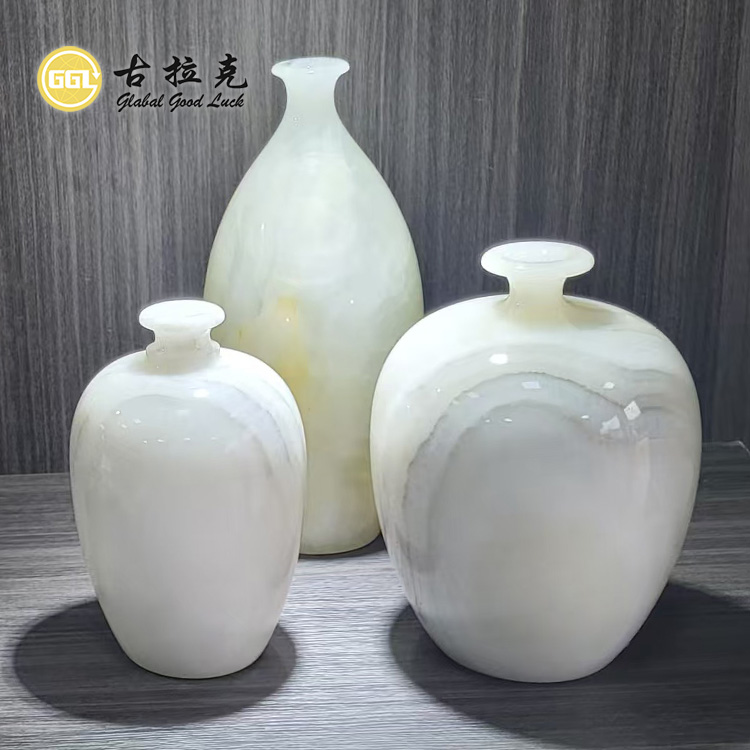 White Gold Natural Onyx Stone Container Flower Vase Design