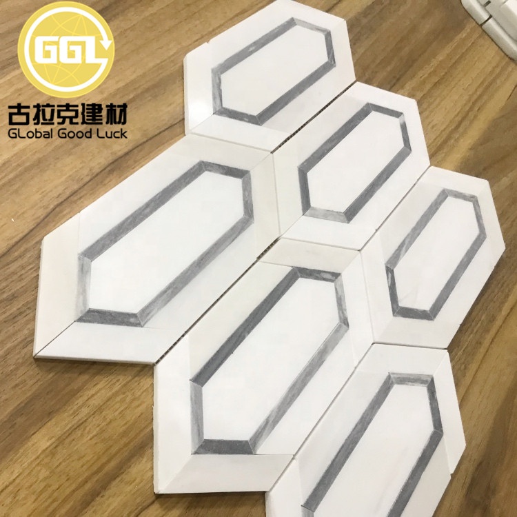 Stainless Steel Mix Metal Mosaic Tile Long Strip Hexagon Pattern Mosaic Tile White Mix Silver Marble Tile for Wall Decor
