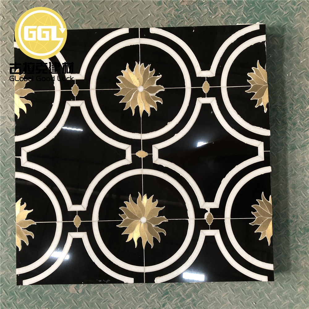 Black Marble Mosaic Tile Gold Sunflower Pattern Brass Inlay Mosaics for Wall Floor Tile