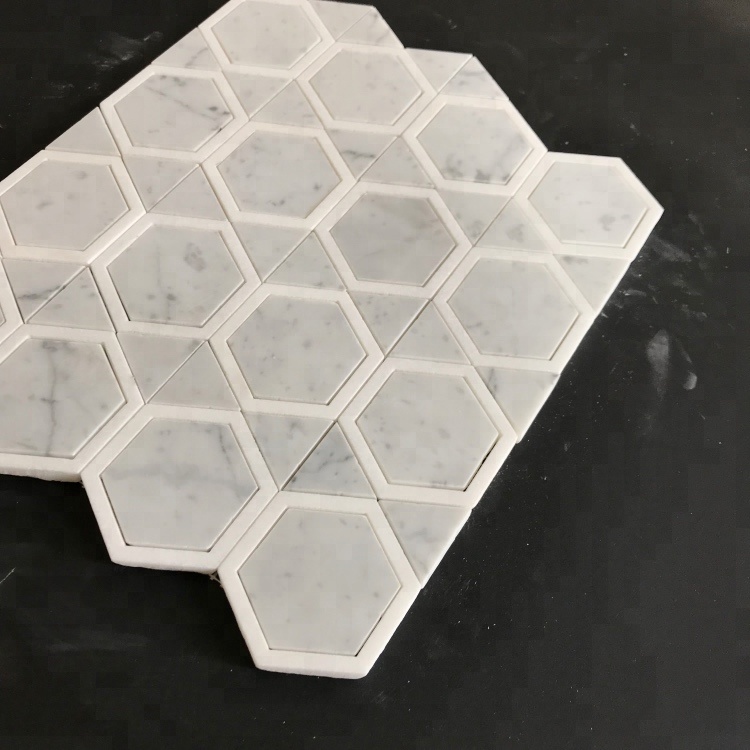 Hexagon Shape Mix Triangle Marble Carrara White Parquet Feature Marble Mosaic Tile