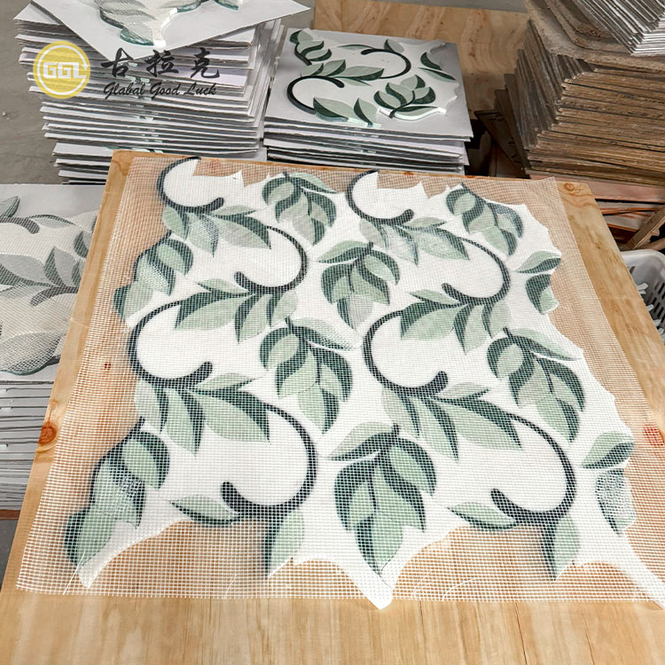 Natural Green Leaf Shape Pattern Waterjet Mosaic Tiles for Interior Decor