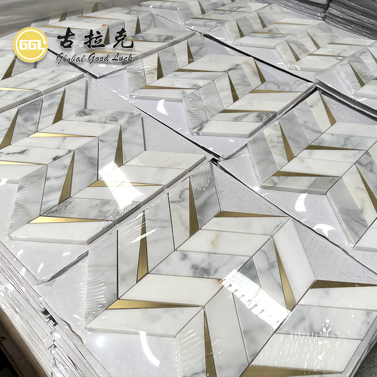 Calacatta Gold Marble Mixed Brass Chevron Mosaic Mosaic Tile