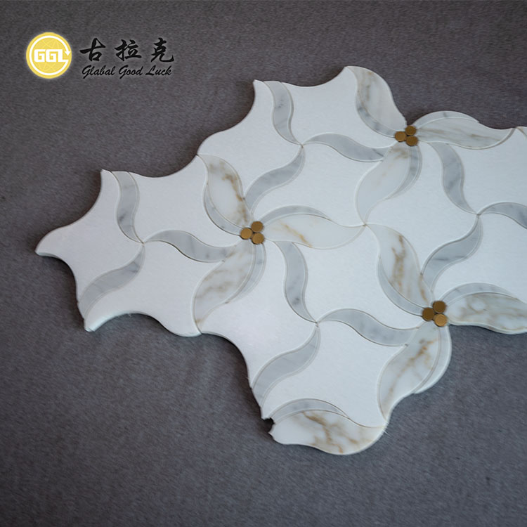 Flower Shape Marble Mosaic Inlay With  Brass Dot Waterjet Mosaic Tile