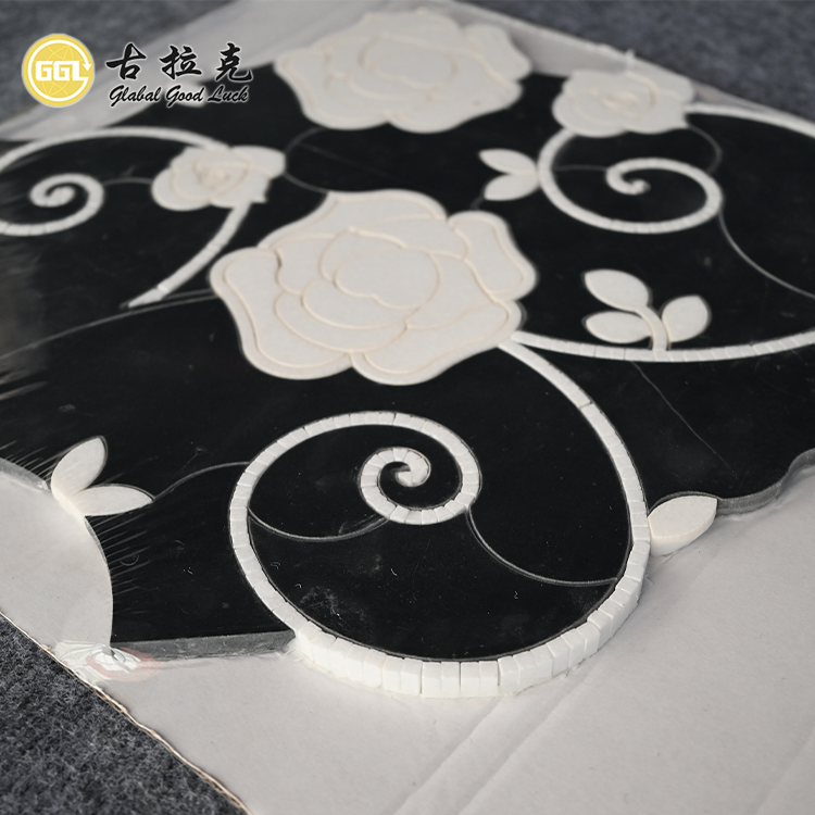 Luxury Design Black Mix White Marble Flower Pattern Waterjet Mosaic Tile Interior Decor