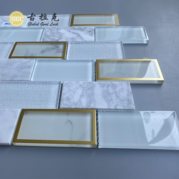 Strip Shape White Stone Mix Crystal Glass Gold Edged Mosaic Tile