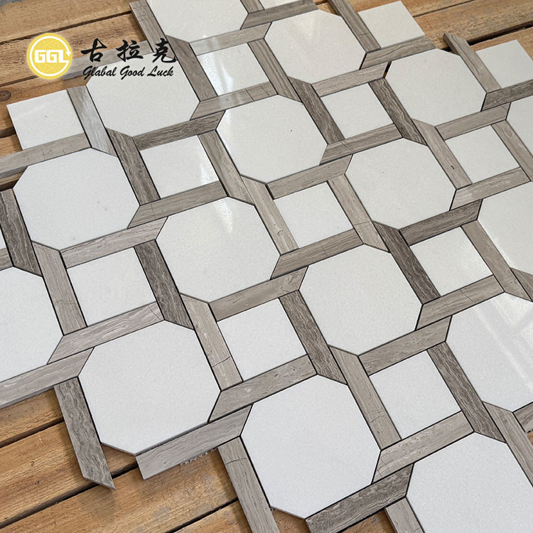 Wood Grain & White Marble Stone Mosaic Tile for Home Floor Wall