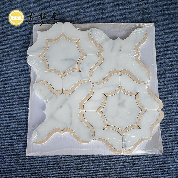 Calacatta White Mix Beige Patterns Marble Waterjet Mosaic Tile for Interior Decor