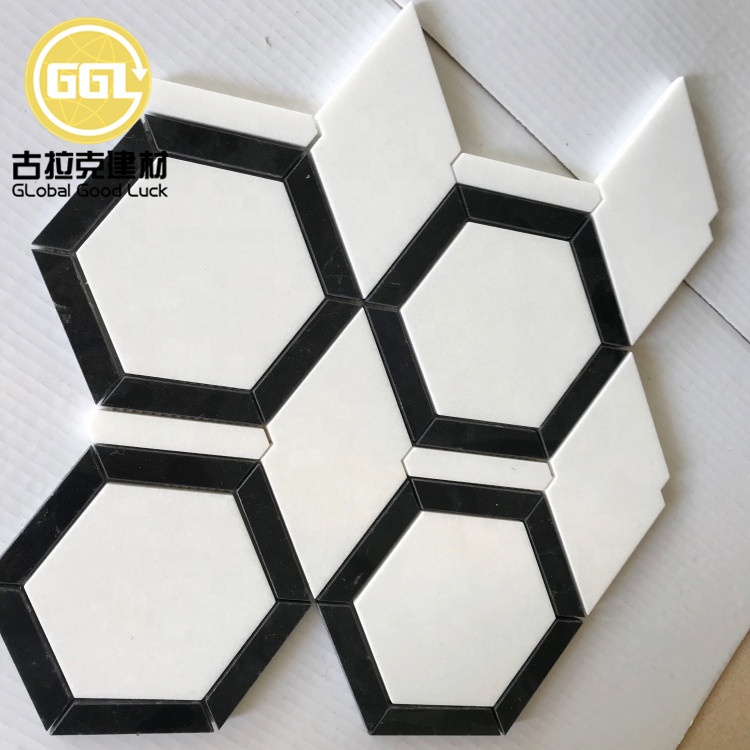 Hexagonal Black Edge Pure White Marble Mosaic Tile for Bathroom or Toilet