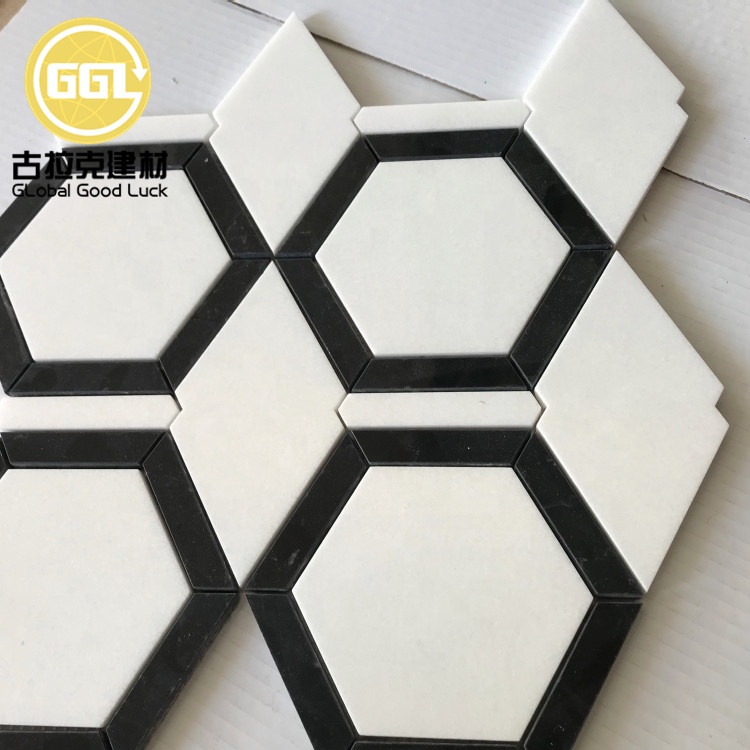 Hexagonal Black Edge Pure White Marble Mosaic Tile for Bathroom or Toilet
