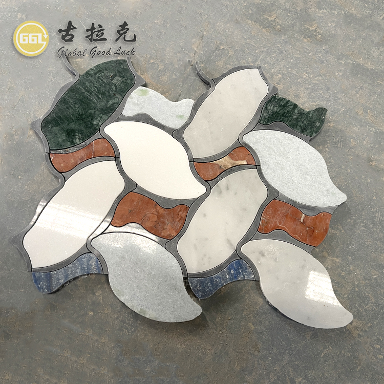 Unique Design Colorful Marble Parquet Feature Waterjet Mosaic Tiles