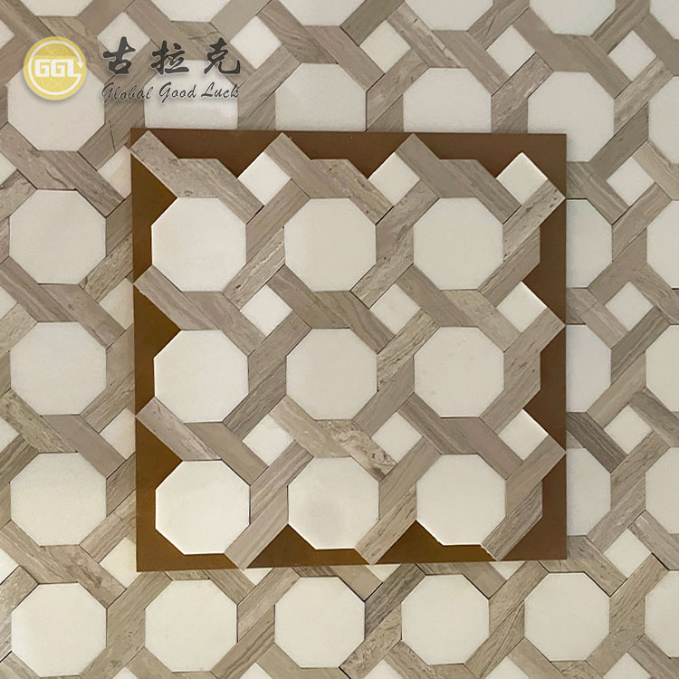 Customizable Thassos White Marble Mix Wood Grain Hexagon Shape Mosaic Tile for Interior Decor