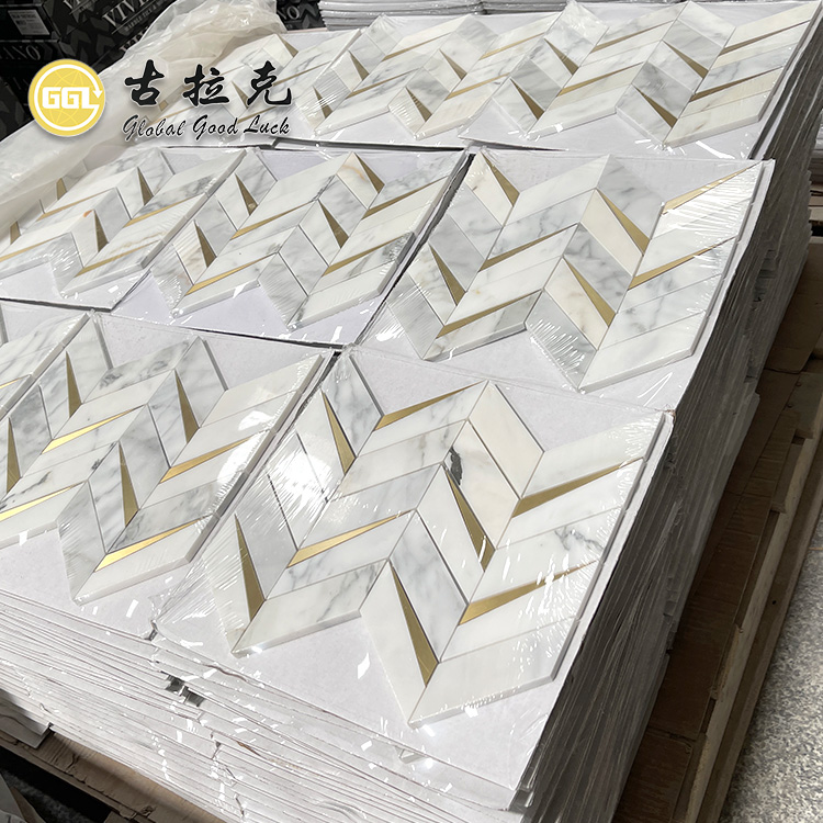 Calacatta Gold Marble Mixed Brass Chevron Mosaic Mosaic Tile