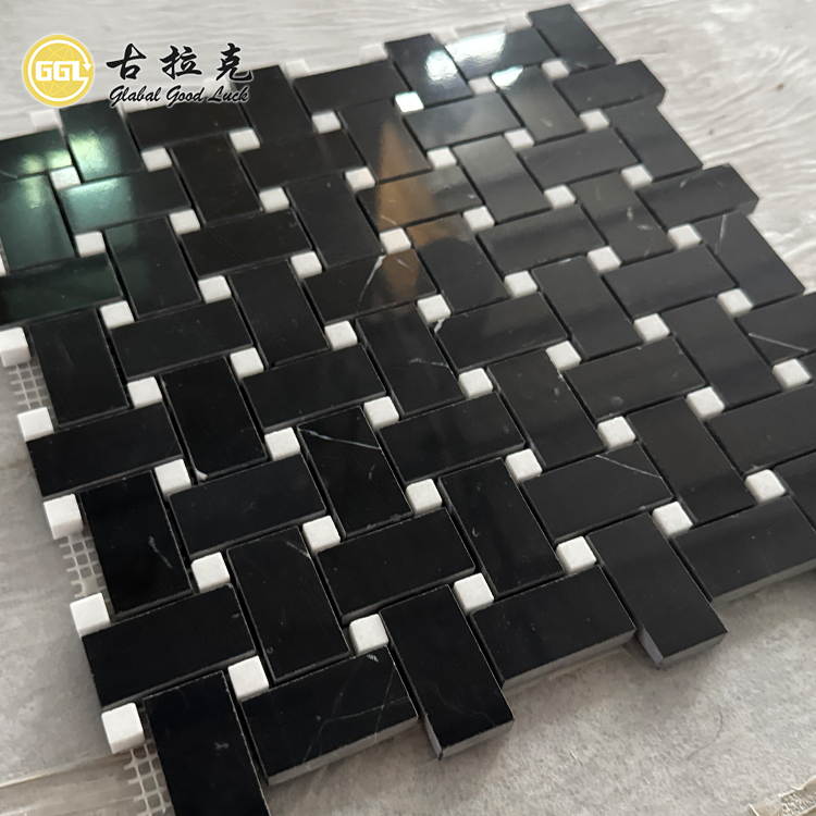 Nero Marquina Marble & White Dots Mosaic Tile for Home Wall Floor Decor