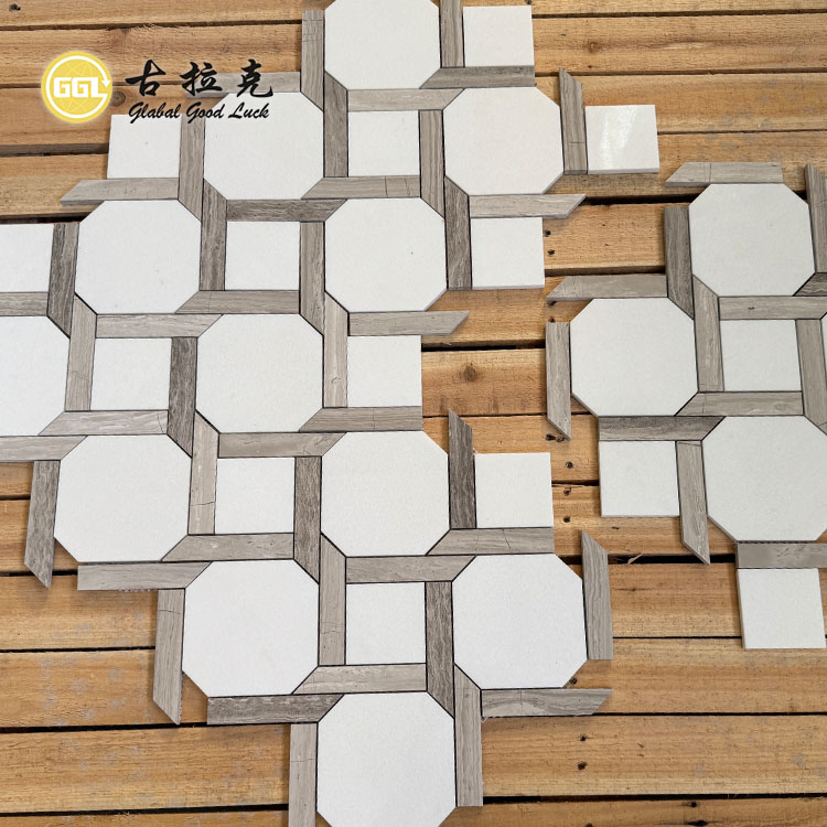 Wood Grain & White Marble Stone Mosaic Tile for Home Floor Wall