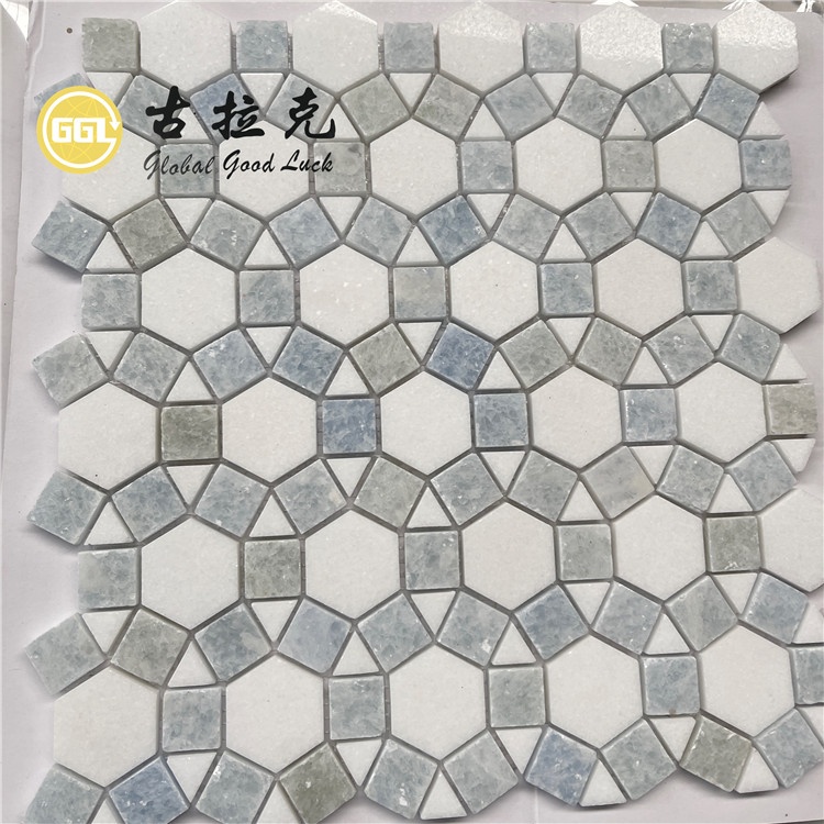Thassos White Mix Blue Marble Hexagon Parquet Feature Marble Mosaic For Floor and Wall Tiles