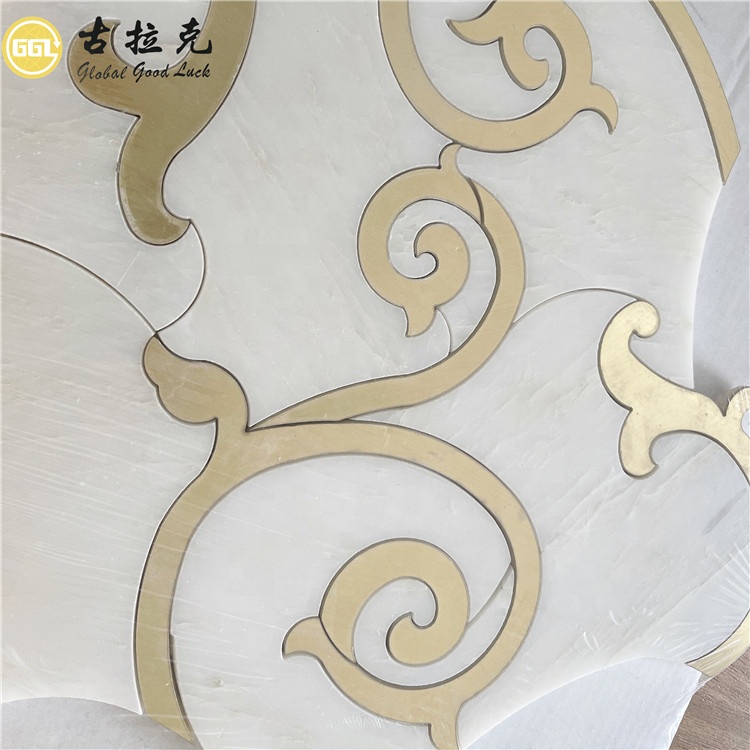 Elegant Design Waterjet Mosaic lrregular White Marble Mix Brass for Wall Tiles