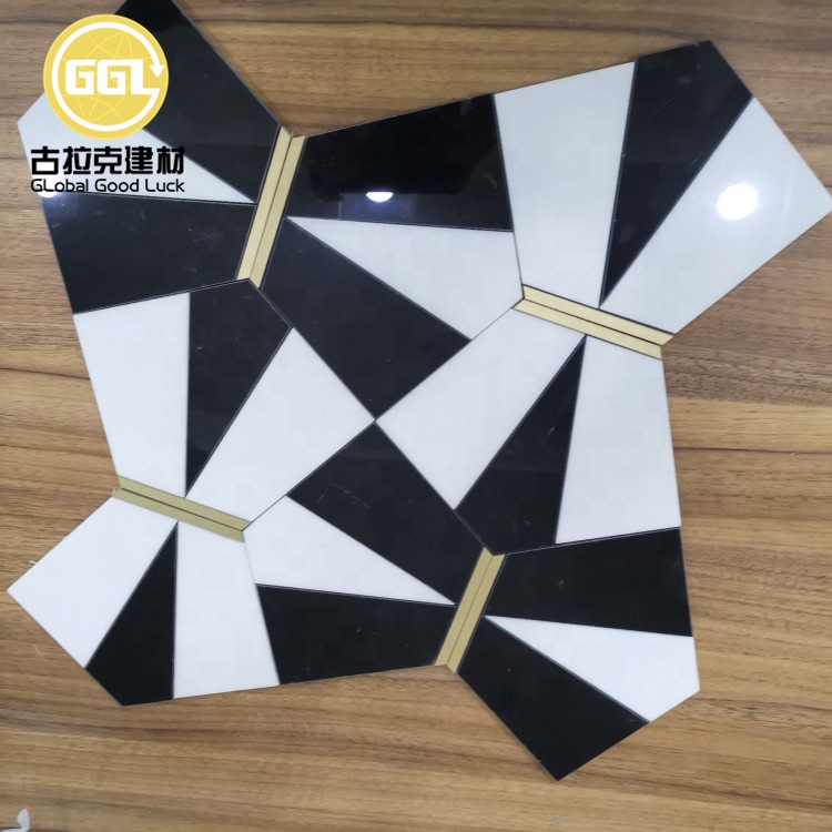 Polished Nature Marble Mix Brass Waterjet Mosaic Tile for Wall Decoration