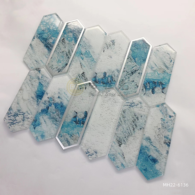 Blue Crystal Glass Pattern Mix Sliver-Rimmed and Gold Edged Mosaic Tile