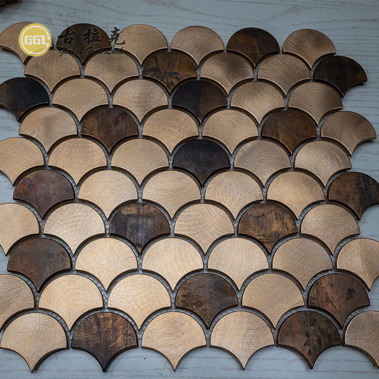 Fan Shape Metal Mosaic Mirror Design Wood Style Backsplash Wall Tile