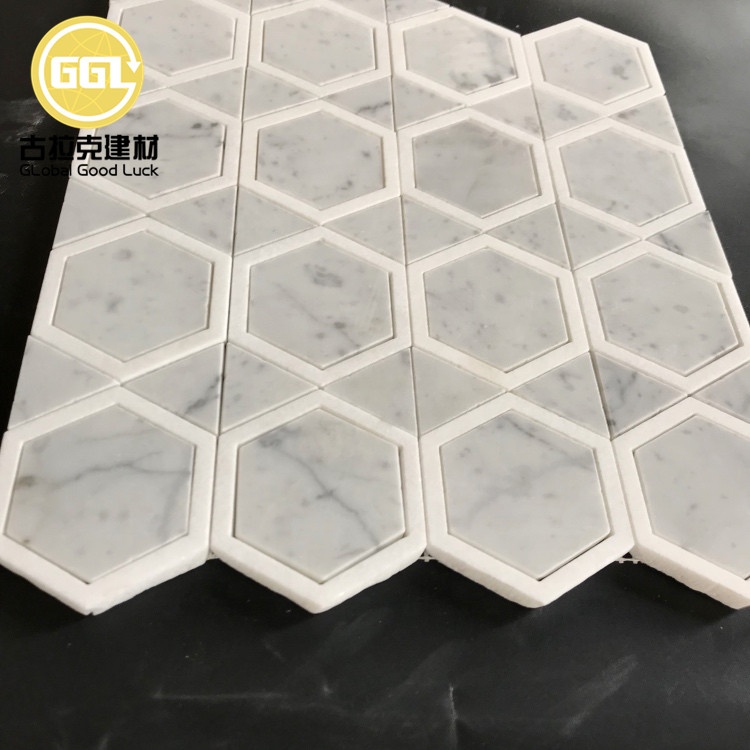 Hexagon Shape Mix Triangle Marble Carrara White Parquet Feature Marble Mosaic Tile