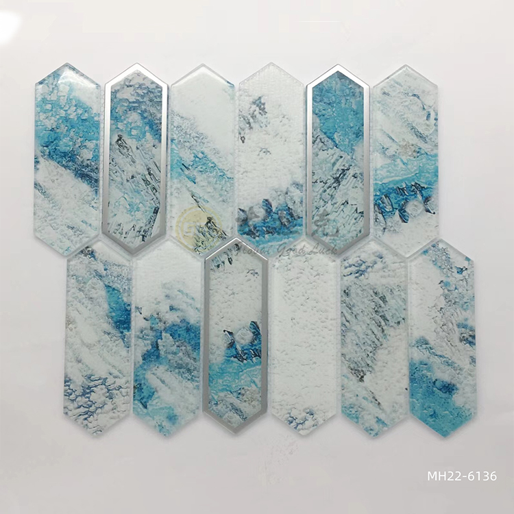 Blue Crystal Glass Pattern Mix Sliver-Rimmed and Gold Edged Mosaic Tile