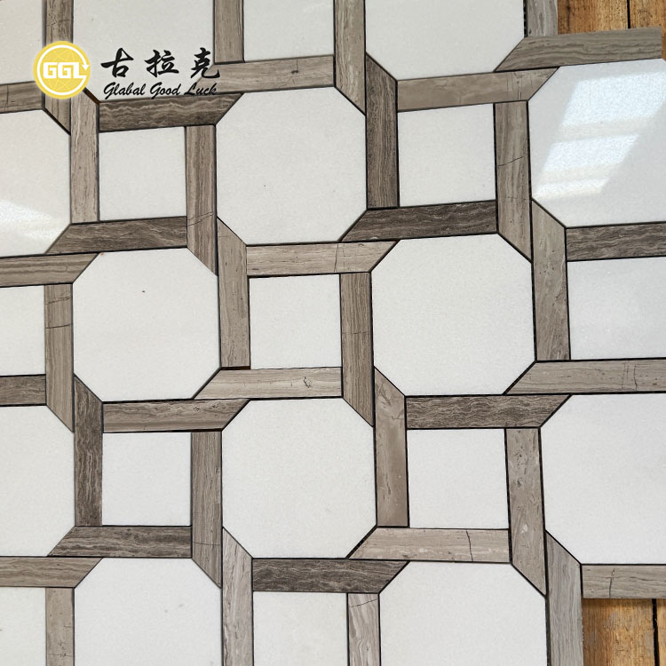 Wood Grain & White Marble Stone Mosaic Tile for Home Floor Wall