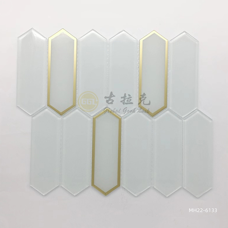 Pure White Crystal Glass Mix Sliver-Rimmed And Gold Edged Mosaic Tile