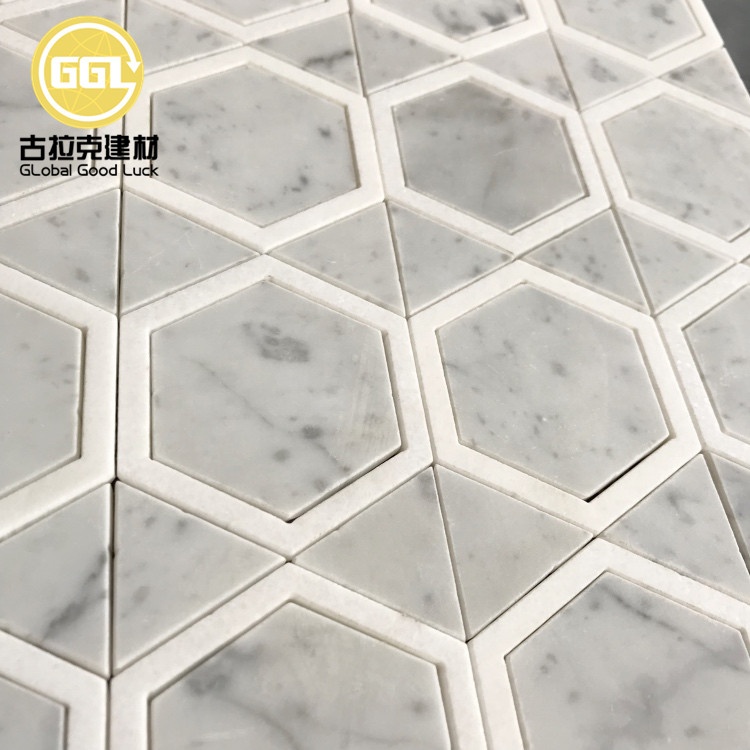 Hexagon Shape Mix Triangle Marble Carrara White Parquet Feature Marble Mosaic Tile