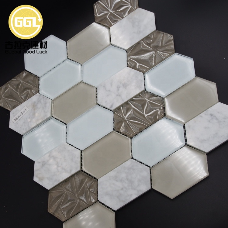 Simple Style Natural Marble Hexagonal Tiles Glass Brick Mosaic in Mosaic Genre