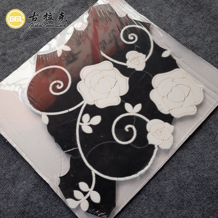 Luxury Design Black Mix White Marble Flower Pattern Waterjet Mosaic Tile Interior Decor