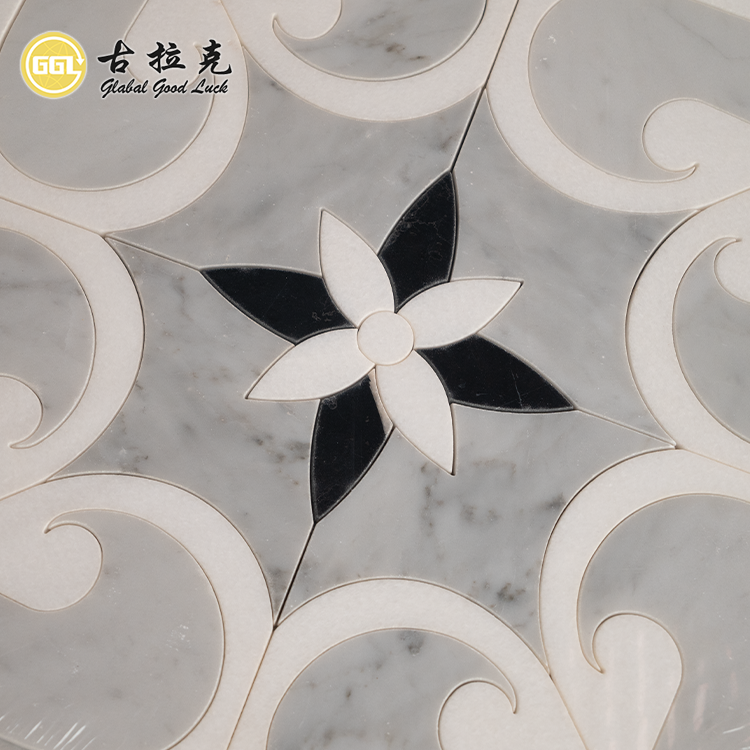 Gray & White Flower Pattern Waterjet Marble Mosaic for Wall Floor Decor