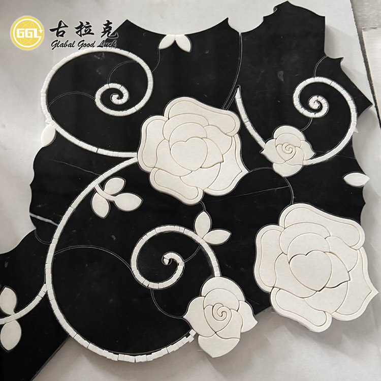 Luxury Design Black Mix White Marble Flower Pattern Waterjet Mosaic Tile Interior Decor