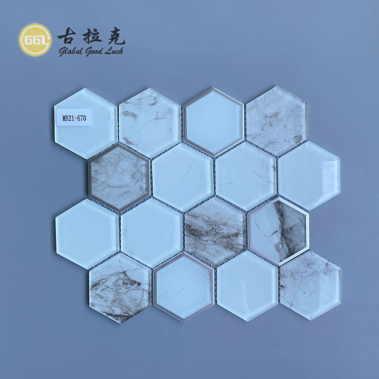 White Glass Mosaic With Stone Pattern Crystal Glass Mosaic Tile Wall Decor