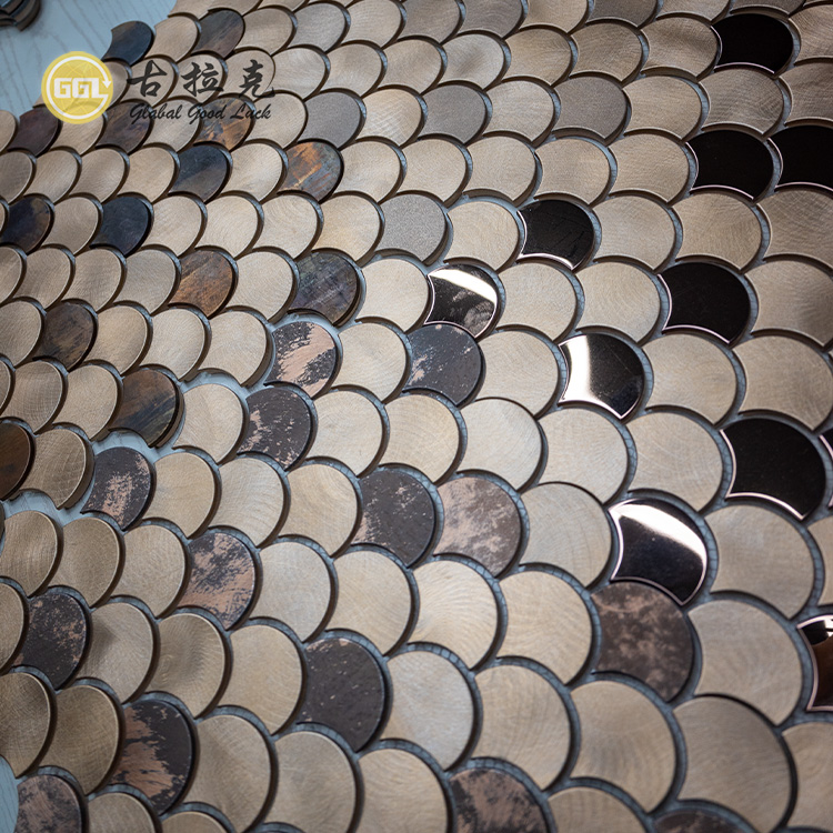 Fan Shape Metal Mosaic Mirror Design Wood Style Backsplash Wall Tile