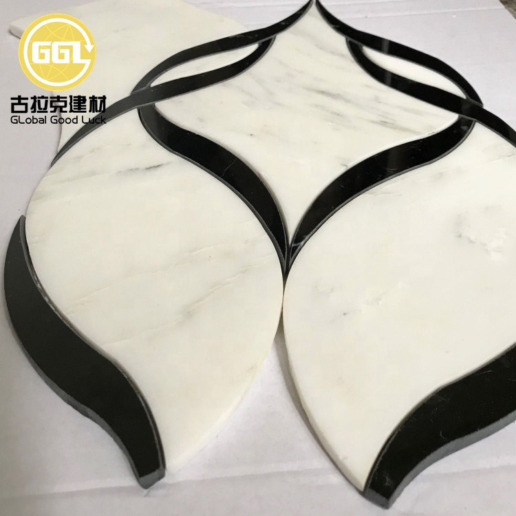 Polished Bathroom Wall Decoration White Mix Black Waterjet Mosaic Tiles