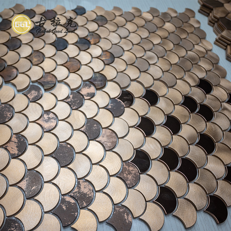 Fan Shape Metal Mosaic Mirror Design Wood Style Backsplash Wall Tile