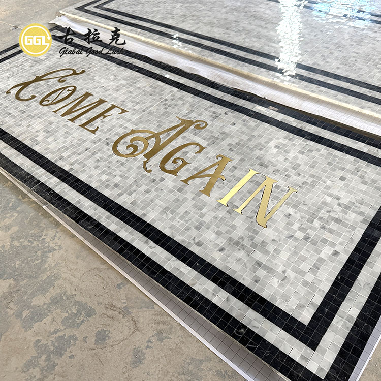 Hand-made Marble Mix Brass Pattern Medallion Waterjet Mosaic Mural Tile Picture