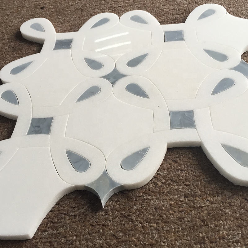 Irregular Shape Thassos White Mix Blue Marble Parquet Feature Waterjet Mosaic Tiles