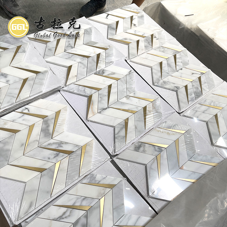 Calacatta Gold Marble Mixed Brass Chevron Mosaic Mosaic Tile
