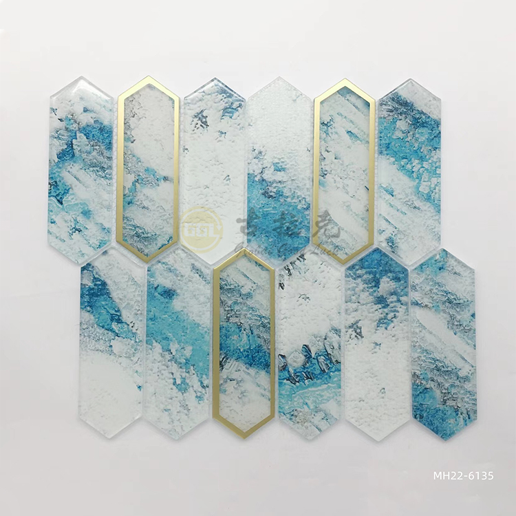 Blue Crystal Glass Pattern Mix Sliver-Rimmed and Gold Edged Mosaic Tile