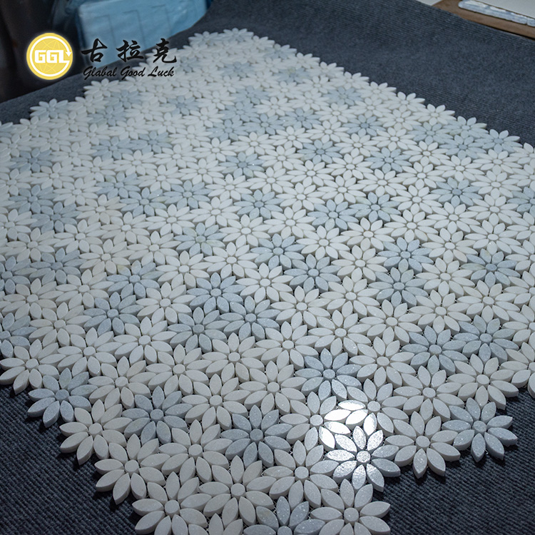 Backsplash Wall Decoration White Mix Blue Flower Pattern Waterjet Mosaic Tiles