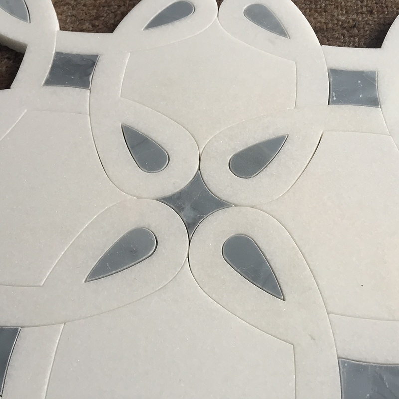 Irregular Shape Thassos White Mix Blue Marble Parquet Feature Waterjet Mosaic Tiles