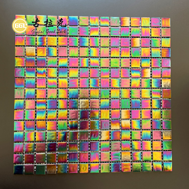 Square Shape Rainbow Color Glitter Glass Mosaic Tile 