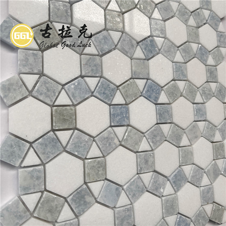 Thassos White Mix Blue Marble Hexagon Parquet Feature Marble Mosaic For Floor and Wall Tiles