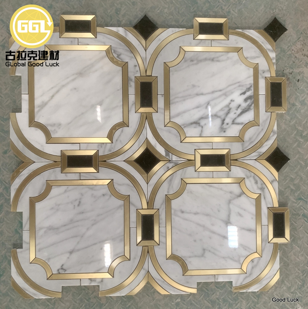 Luxury Design Pattern Marble With Brass Waterjet Mosaic Tile