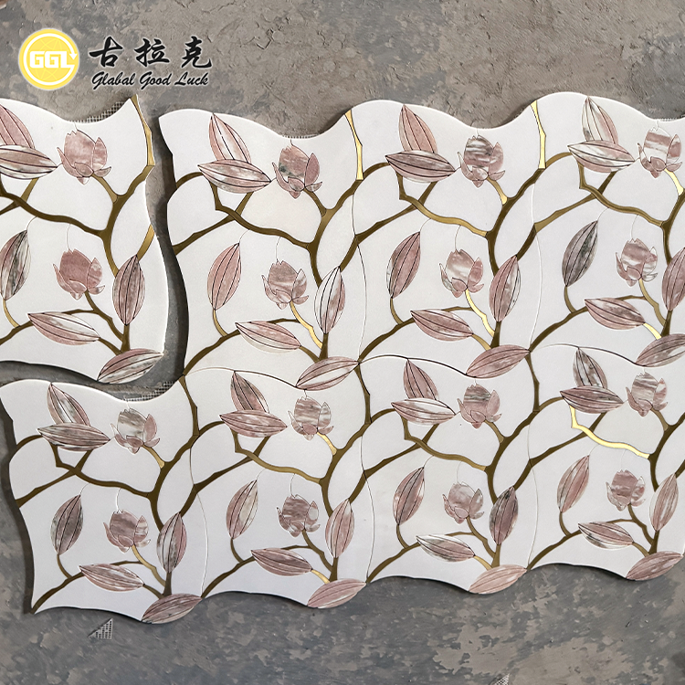 New Design Pink Flower Pattern Marble Waterjet Mosaic Inlay Brass Wall Floor Tile